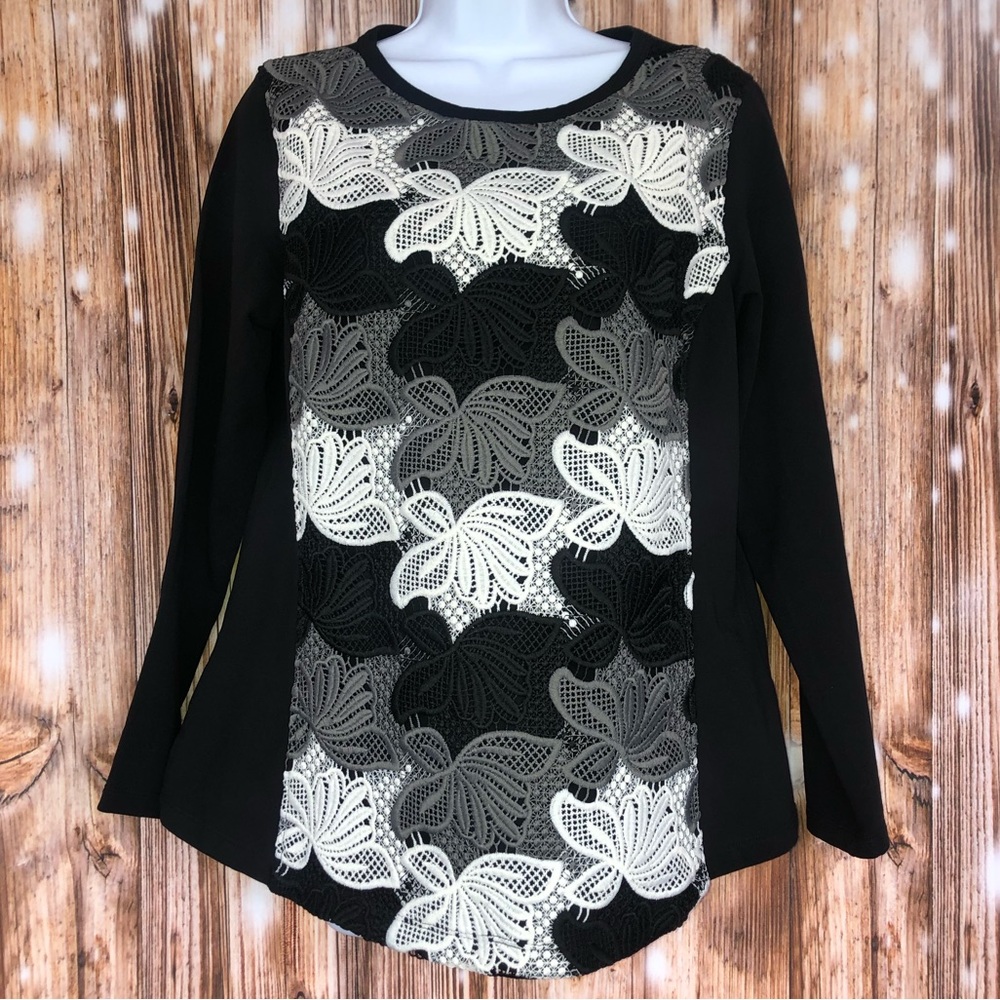 Isaac Mizrahi Live Black and White Lace Floral Front Jersey Long Sleeve Top